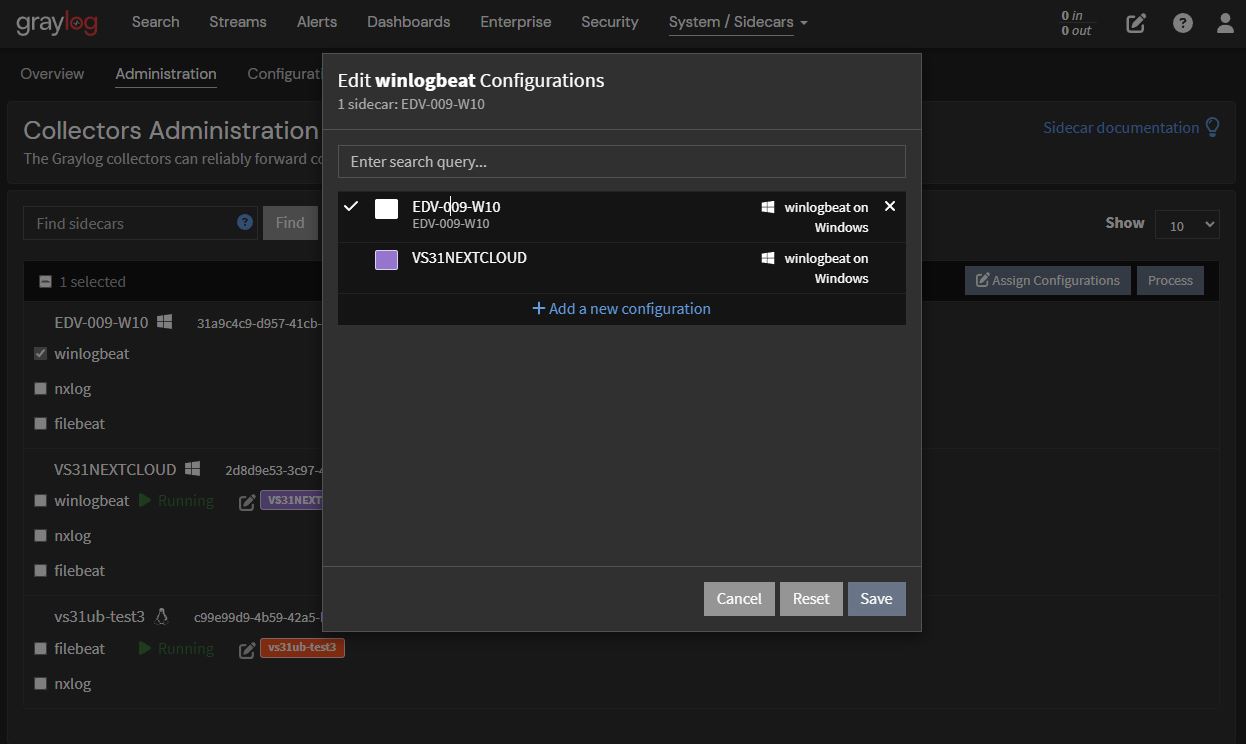 Screenshot: Konfiguration Winlogbeat-Kollektor - Edit winlogbeat Configurations