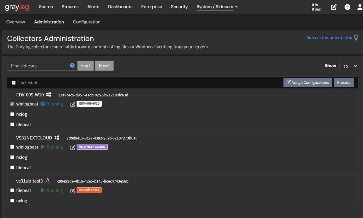 Screenshot: Konfiguration Winlogbeat-Kollektor - Collectors Administration