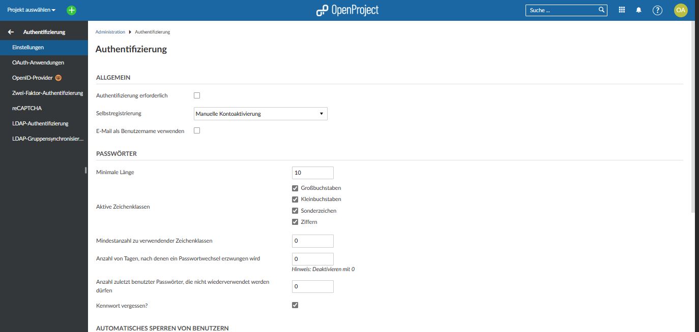 Screenshot: OpenProject - Konfiguration Authentifizierung 