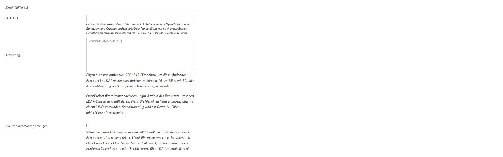 Screenshot: OpenProject - Konfiguration Authentifizierungs-Modus LDAP-Details