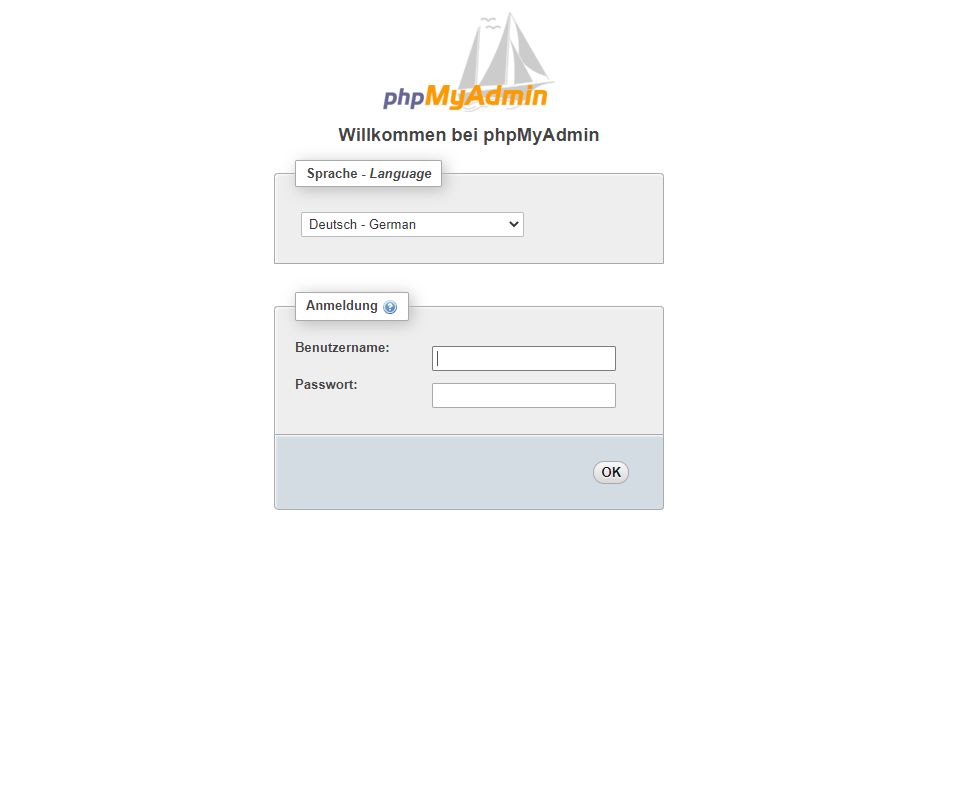 Screenshot: phpMyAdmin - Benutzeranmeldung