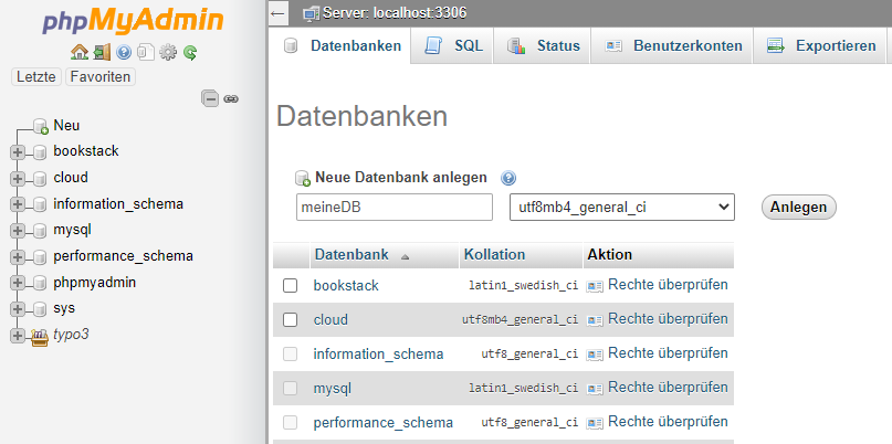 Screenshot: phpMyAdmin - Datenbank anlegen