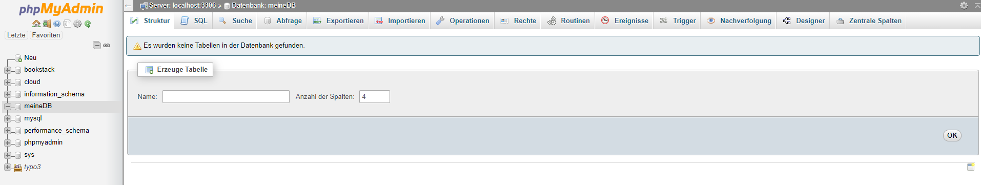 Screenshot: phpMyAdmin - Neue Datenbank