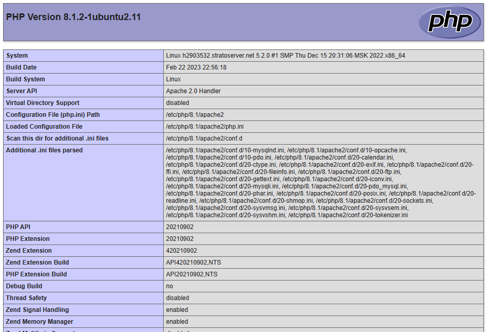 Screenshot der Ausgabe der PHP-Funktion phpinfo()