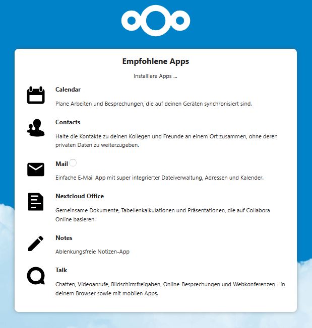 Screenshot: Nextcloud Installation: Installation der empfohlenen Apps