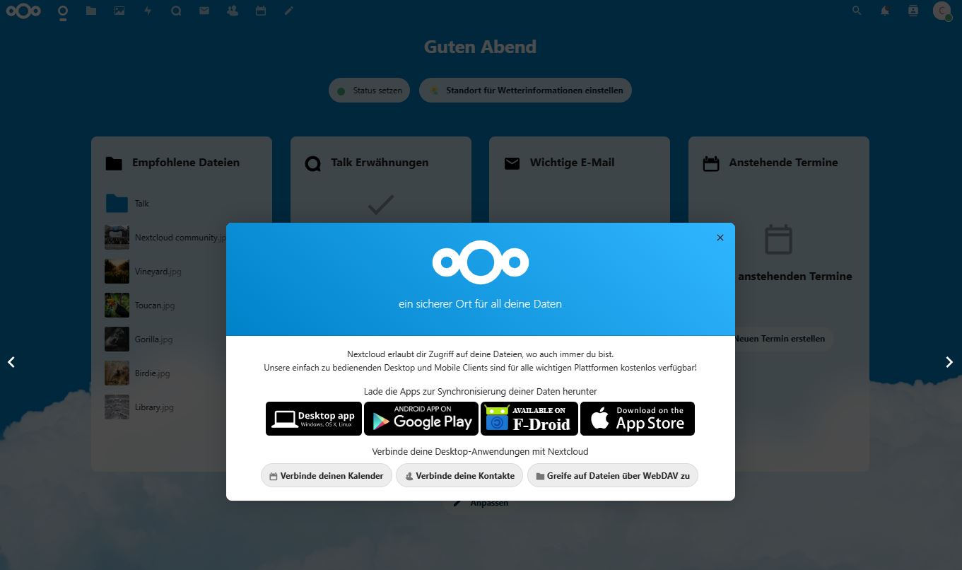 Screenshot: Nextcloud Start: Tour durch Nextcloud -  Mobile Clients